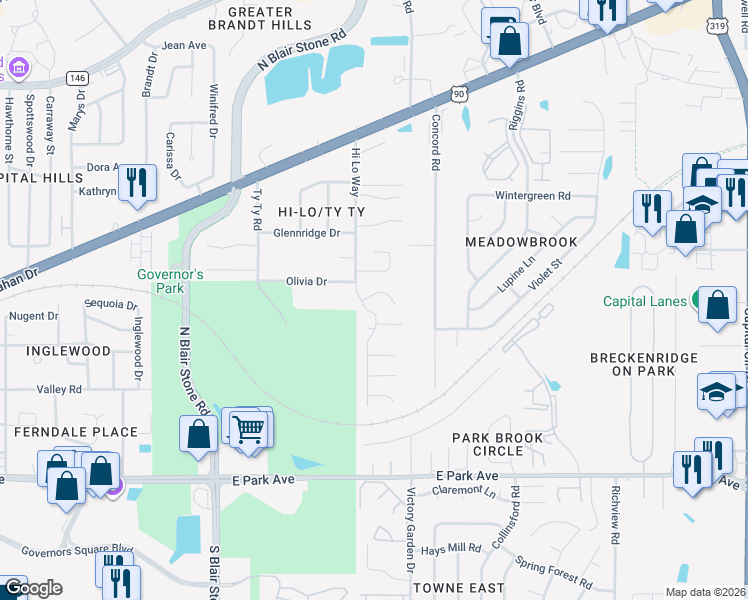 map of restaurants, bars, coffee shops, grocery stores, and more near 2013 Pepperidge Way in Tallahassee