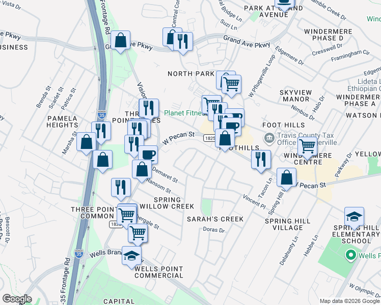 map of restaurants, bars, coffee shops, grocery stores, and more near 1421 Miss Allison's Way in Pflugerville