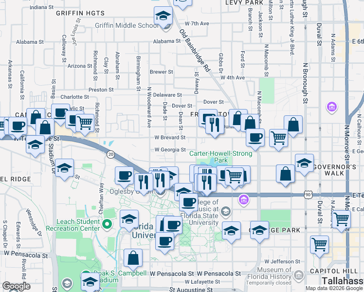 map of restaurants, bars, coffee shops, grocery stores, and more near 730 West Georgia Street in Tallahassee