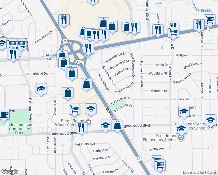 map of restaurants, bars, coffee shops, grocery stores, and more near 625 Riveroaks Drive in Baton Rouge