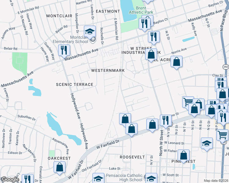 map of restaurants, bars, coffee shops, grocery stores, and more near 1205 El Paso Circle in Pensacola