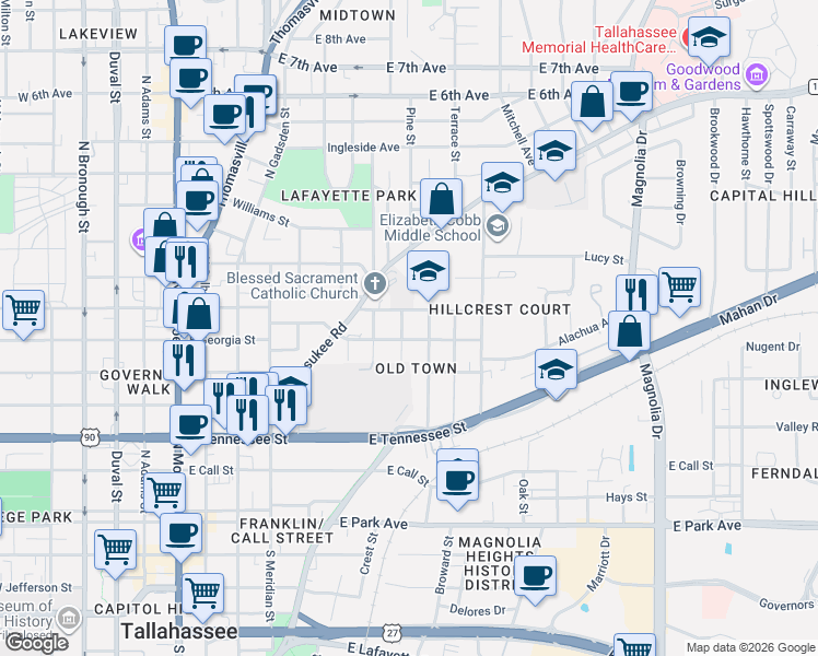 map of restaurants, bars, coffee shops, grocery stores, and more near 615 Gunter Street in Tallahassee