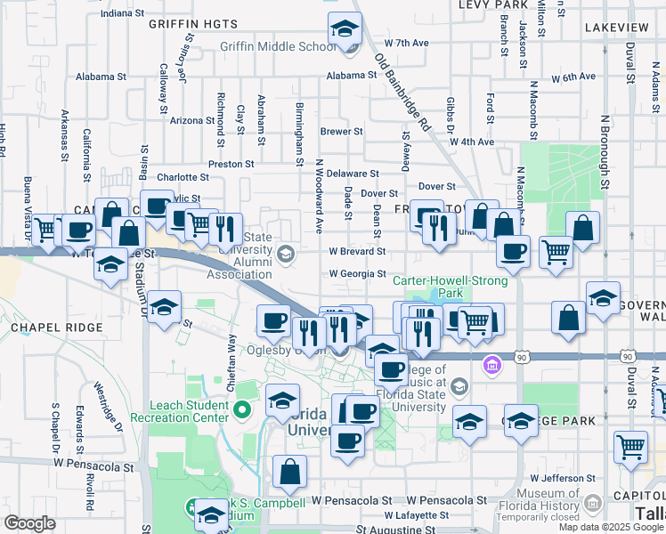 map of restaurants, bars, coffee shops, grocery stores, and more near 826 West Georgia Street in Tallahassee