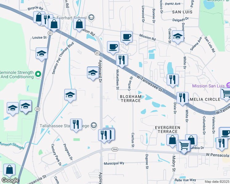 map of restaurants, bars, coffee shops, grocery stores, and more near 500 McKeithen Street in Tallahassee