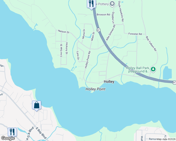 map of restaurants, bars, coffee shops, grocery stores, and more near 3086 Holley Point Road in Navarre