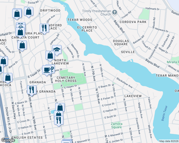 map of restaurants, bars, coffee shops, grocery stores, and more near 1641 East Maura Street in Pensacola