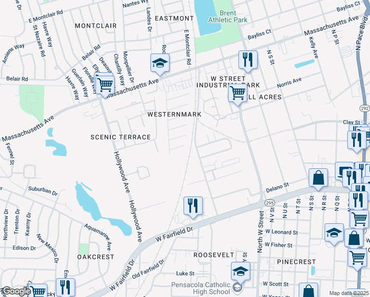 map of restaurants, bars, coffee shops, grocery stores, and more near 1205 El Paso Circle in Pensacola