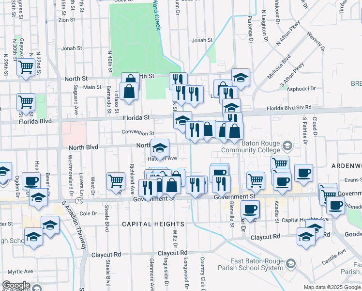 map of restaurants, bars, coffee shops, grocery stores, and more near 4366 North Boulevard in Baton Rouge