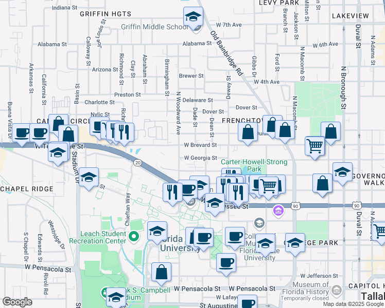 map of restaurants, bars, coffee shops, grocery stores, and more near 826 West Georgia Street in Tallahassee
