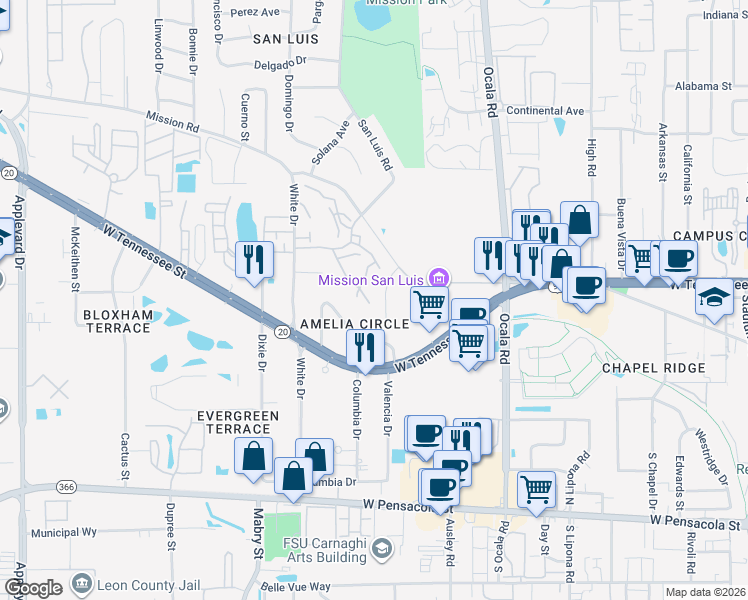 map of restaurants, bars, coffee shops, grocery stores, and more near 2179 Timberwood Circle South in Tallahassee