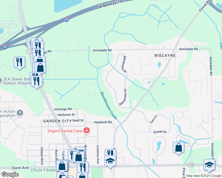 map of restaurants, bars, coffee shops, grocery stores, and more near 11794 Alexandra Drive in Jacksonville
