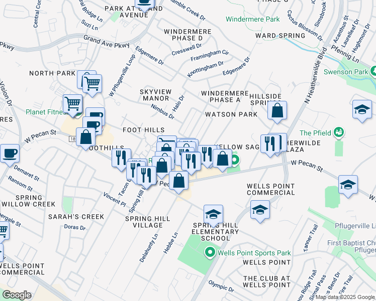 map of restaurants, bars, coffee shops, grocery stores, and more near 15913 Windermere Drive in Pflugerville