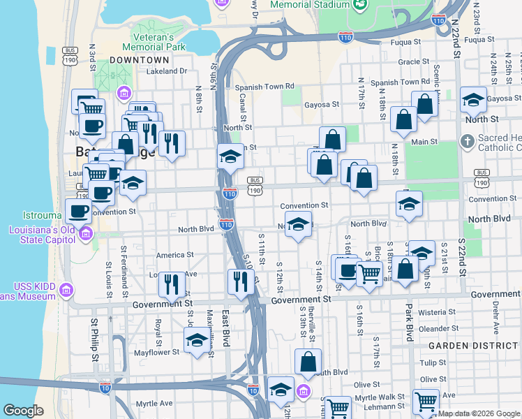 map of restaurants, bars, coffee shops, grocery stores, and more near 1165 Convention Street in Baton Rouge