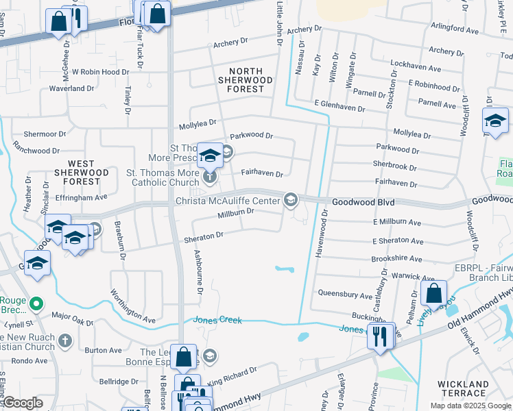 map of restaurants, bars, coffee shops, grocery stores, and more near 11733 Millburn Drive in Baton Rouge