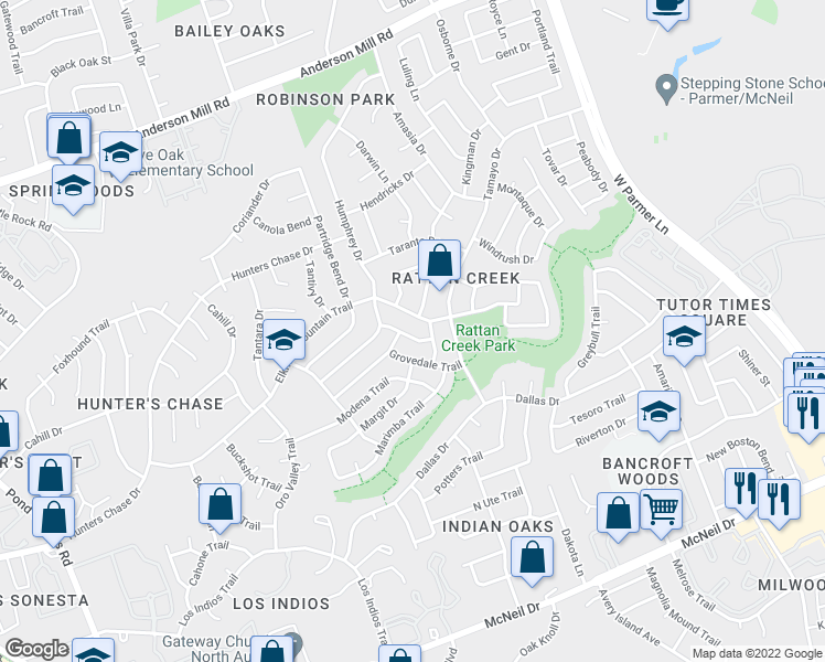 map of restaurants, bars, coffee shops, grocery stores, and more near 7706 Van Dyke Drive in Austin