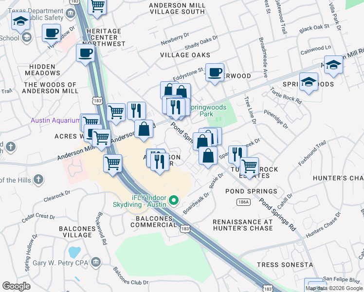 map of restaurants, bars, coffee shops, grocery stores, and more near 13355 U.S. 183 in Austin