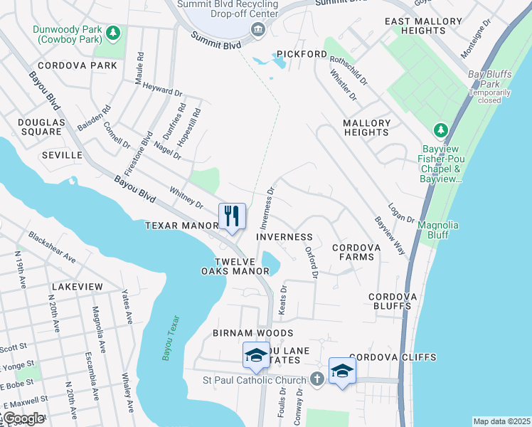 map of restaurants, bars, coffee shops, grocery stores, and more near 3122 Oxford Drive in Pensacola
