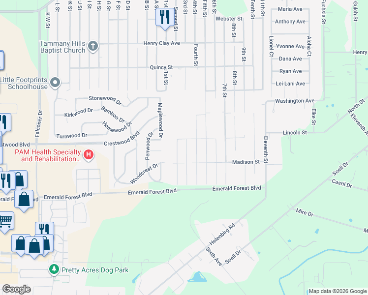 map of restaurants, bars, coffee shops, grocery stores, and more near 70106 3rd Street in Covington