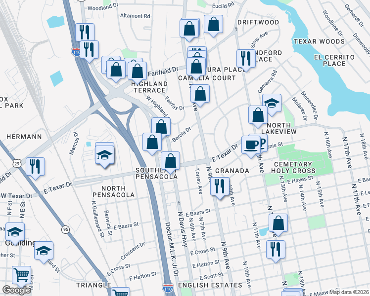 map of restaurants, bars, coffee shops, grocery stores, and more near 3210 North 6th Avenue in Pensacola