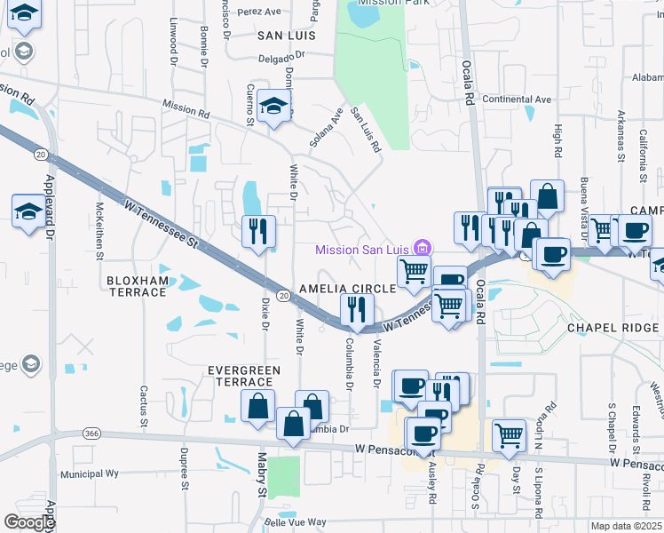 map of restaurants, bars, coffee shops, grocery stores, and more near 698 Timberwood Circle East in Tallahassee