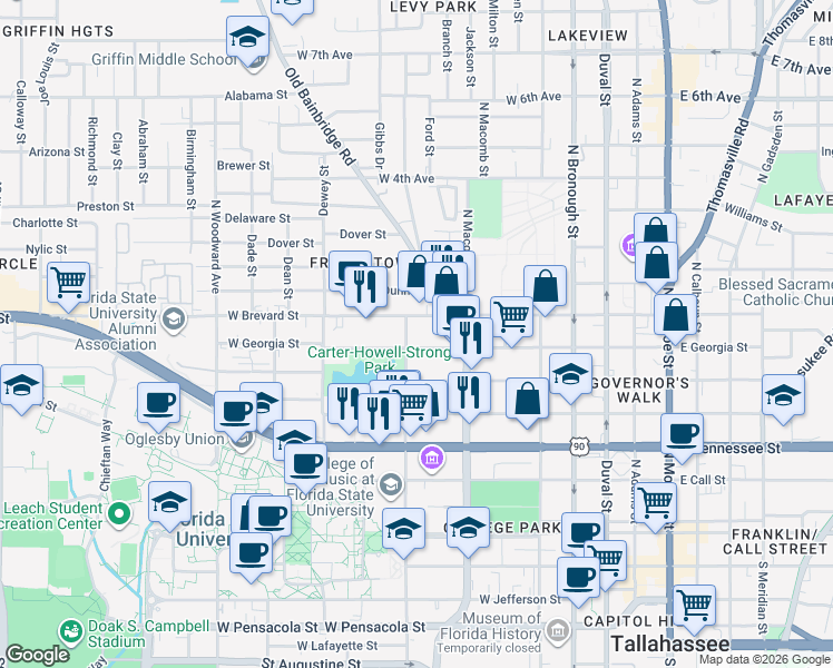 map of restaurants, bars, coffee shops, grocery stores, and more near 612 North Copeland Street in Tallahassee