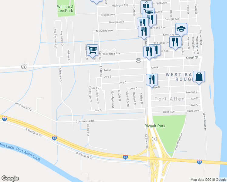 map of restaurants, bars, coffee shops, grocery stores, and more near 508 Eucalyptus Street in Port Allen