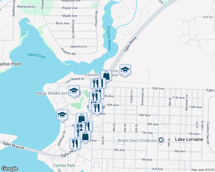 map of restaurants, bars, coffee shops, grocery stores, and more near 1301 Eglin Parkway in Shalimar