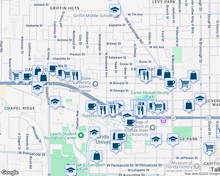 map of restaurants, bars, coffee shops, grocery stores, and more near 826 West Georgia Street in Tallahassee