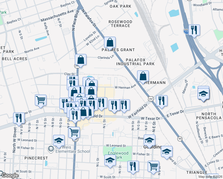 map of restaurants, bars, coffee shops, grocery stores, and more near 3236-3300 North L Street in Pensacola