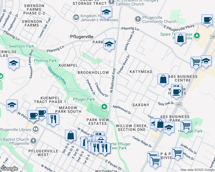 map of restaurants, bars, coffee shops, grocery stores, and more near 1011 Creekbend Cove in Pflugerville