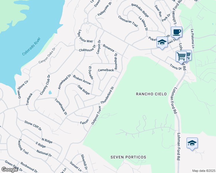 map of restaurants, bars, coffee shops, grocery stores, and more near 20611 Oak Ridge in Lago Vista