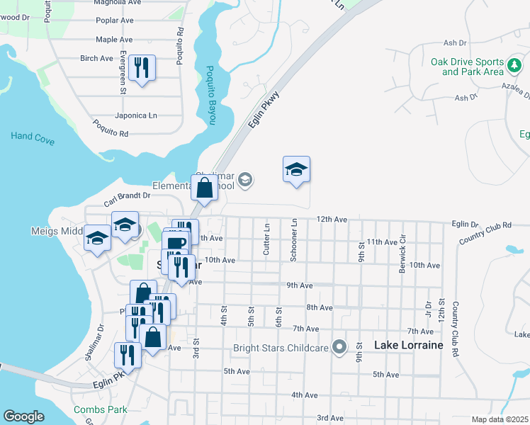 map of restaurants, bars, coffee shops, grocery stores, and more near 39 12th Ave in Shalimar