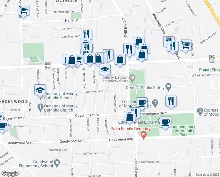 map of restaurants, bars, coffee shops, grocery stores, and more near 7207 Winthrop Avenue in Baton Rouge