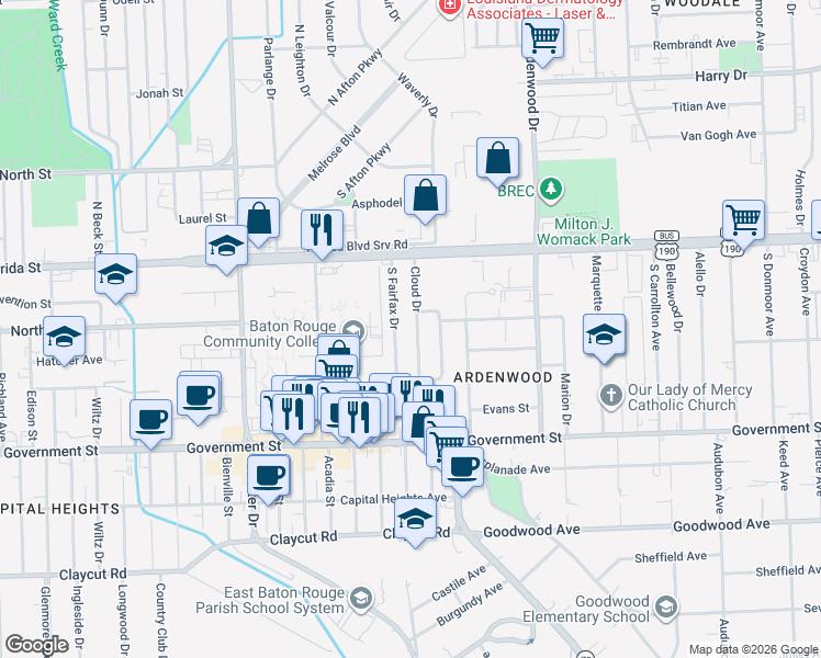map of restaurants, bars, coffee shops, grocery stores, and more near 261 South Fairfax Drive in Baton Rouge