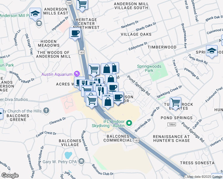 map of restaurants, bars, coffee shops, grocery stores, and more near 13359 U.S. 183 in Austin