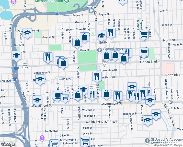 map of restaurants, bars, coffee shops, grocery stores, and more near 141 North 21st Street in Baton Rouge
