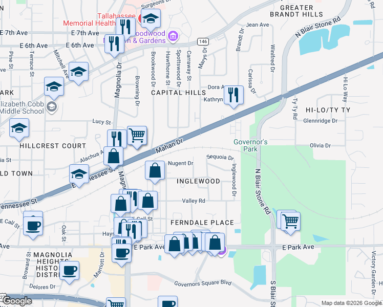 map of restaurants, bars, coffee shops, grocery stores, and more near 432 Margaret Court in Tallahassee