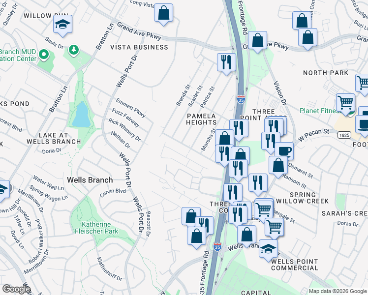 map of restaurants, bars, coffee shops, grocery stores, and more near 1905 Ouida Drive in Austin