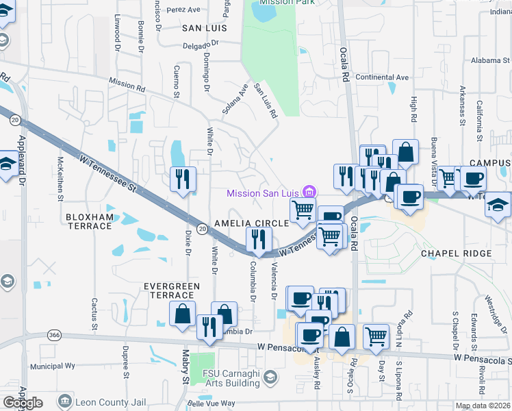 map of restaurants, bars, coffee shops, grocery stores, and more near 698 Timberwood Circle East in Tallahassee