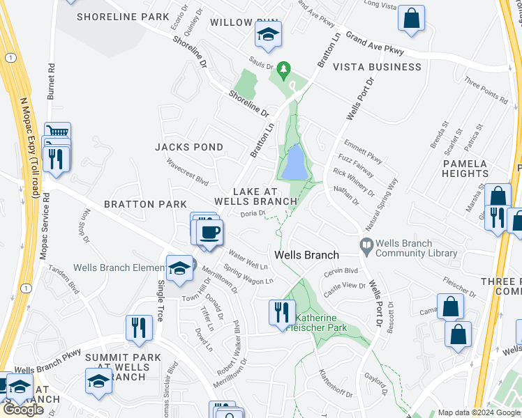 map of restaurants, bars, coffee shops, grocery stores, and more near 14934 Doria Drive in Austin