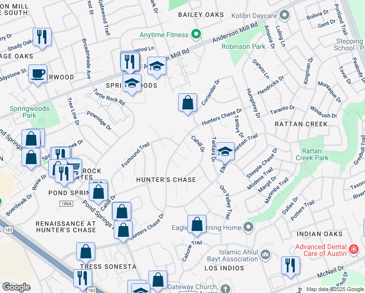 map of restaurants, bars, coffee shops, grocery stores, and more near 12705 Hunters Chase Drive in Austin