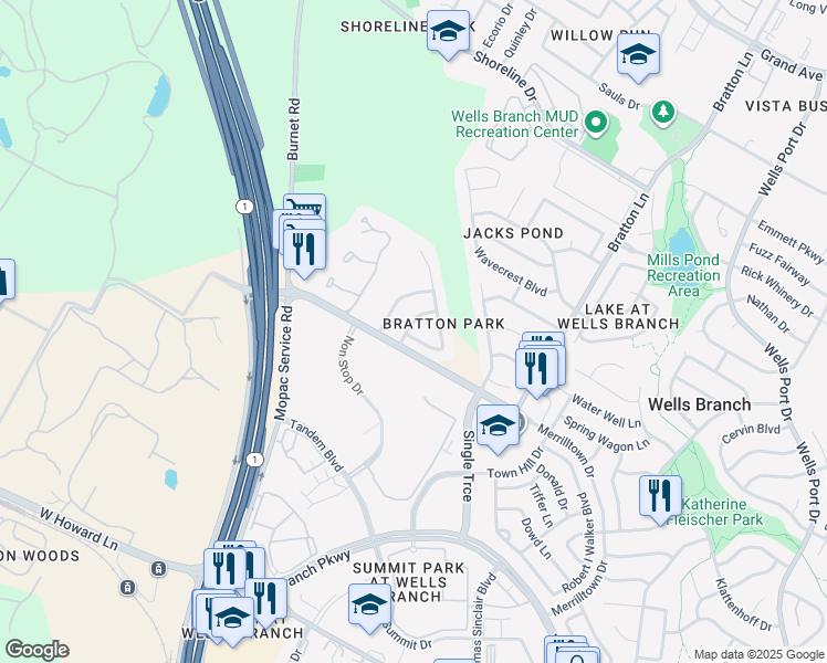 map of restaurants, bars, coffee shops, grocery stores, and more near 14701 Noya Drive in Austin