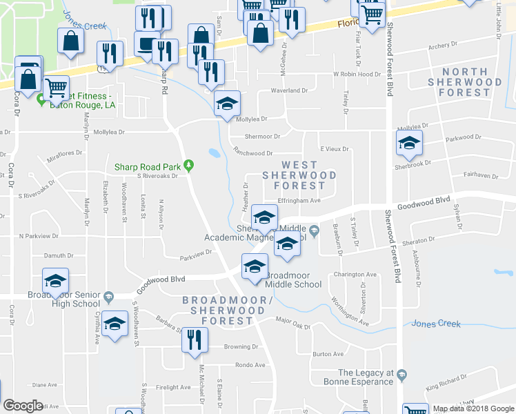 map of restaurants, bars, coffee shops, grocery stores, and more near 1066 Sinclair Drive in Baton Rouge