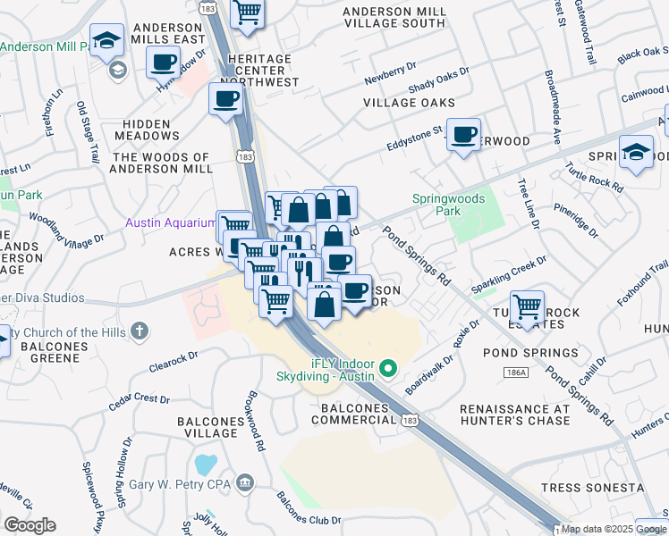 map of restaurants, bars, coffee shops, grocery stores, and more near 13359 U.S. 183 in Austin