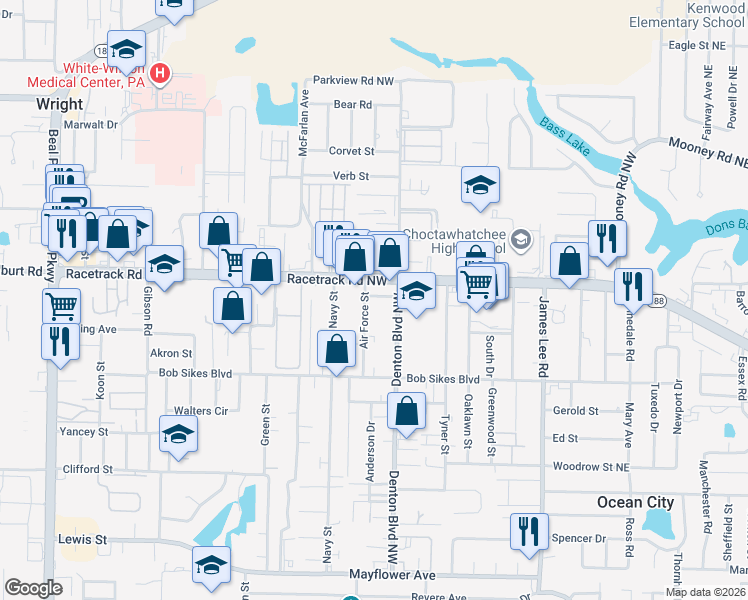 map of restaurants, bars, coffee shops, grocery stores, and more near 161 Air Force Street in Fort Walton Beach