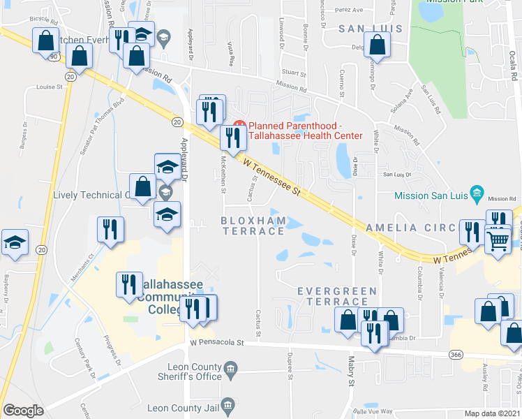 map of restaurants, bars, coffee shops, grocery stores, and more near 437 Cactus Street in Tallahassee