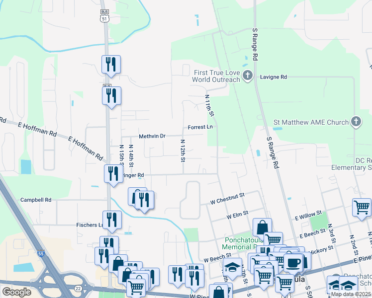 map of restaurants, bars, coffee shops, grocery stores, and more near 240 North 12th Street in Ponchatoula