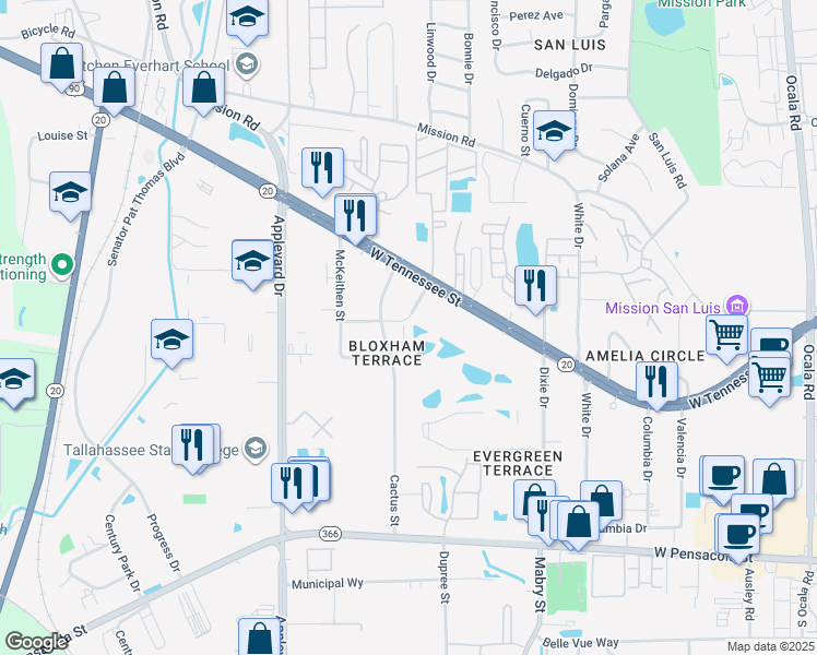 map of restaurants, bars, coffee shops, grocery stores, and more near 437 Cactus Street in Tallahassee
