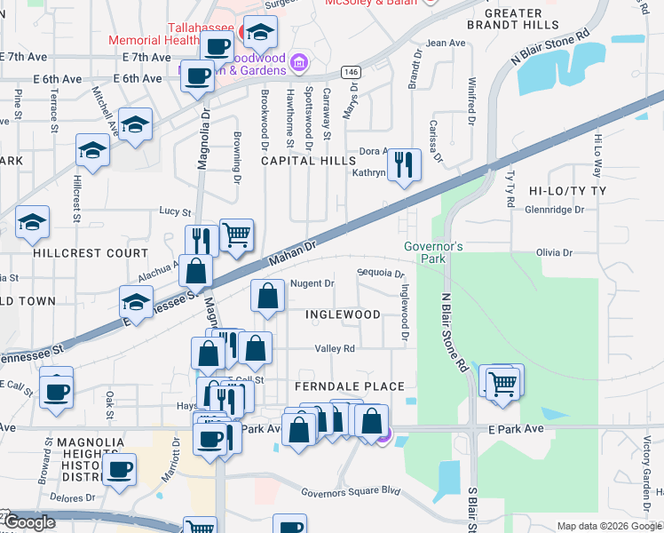 map of restaurants, bars, coffee shops, grocery stores, and more near 432 Margaret Court in Tallahassee