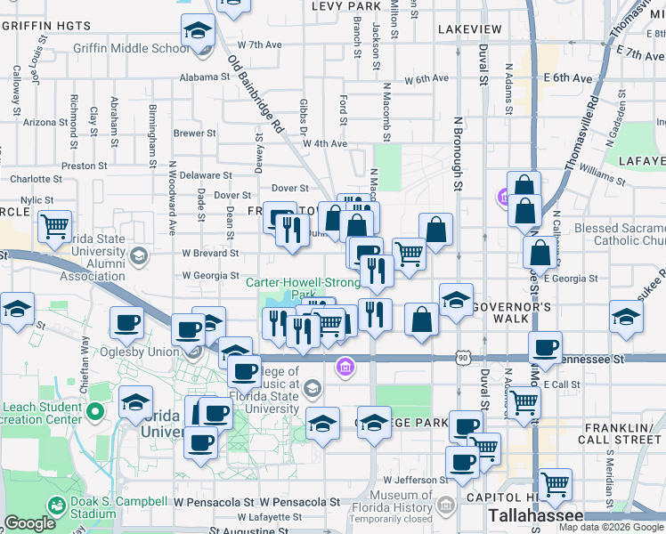 map of restaurants, bars, coffee shops, grocery stores, and more near 612 North Copeland Street in Tallahassee